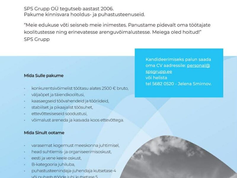 Otsime heakorrajuhi, puhastustööde objektijuhi